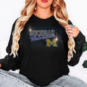 New Michigan Wolverines Black Long Sleeve Rhinestone Bling Tshirt S-XL